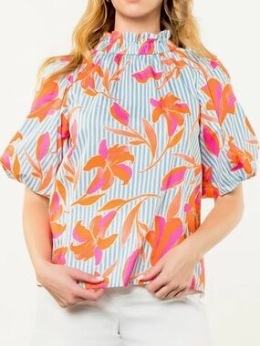 Anthropologie THML Blue Striped Ruffle Mock Neck Pink & Orange Floral , Medium